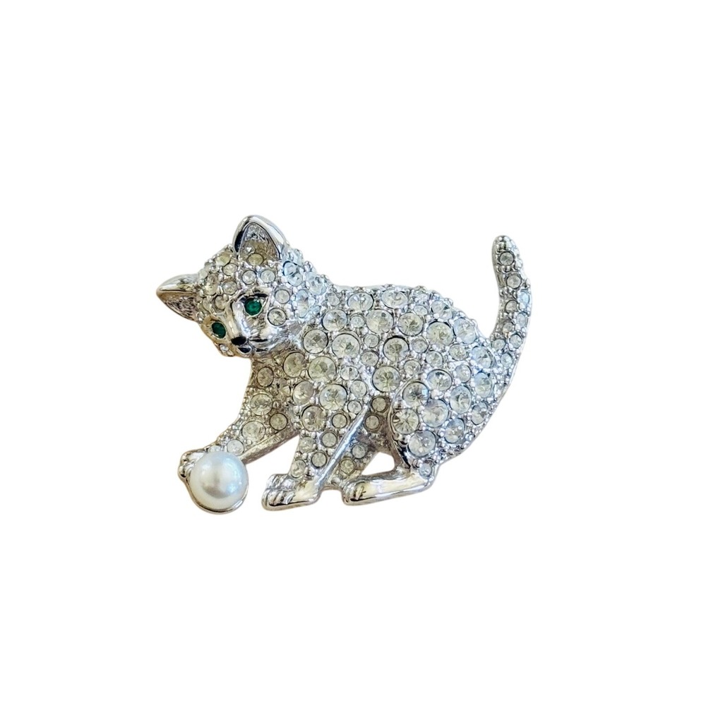 Swarovski Cat Kitten Pin Brooch Pearl Playing Swan Signed Crystal Rhinestone VTG